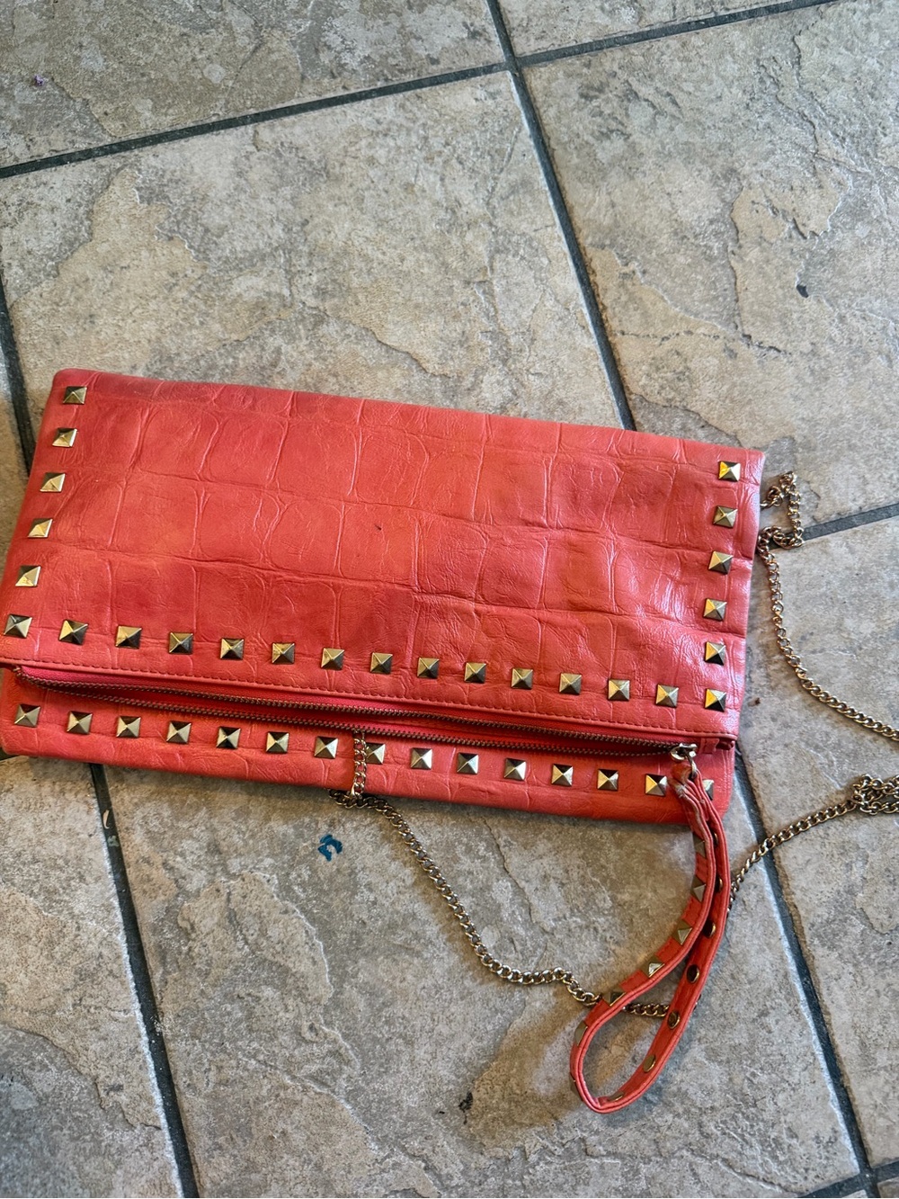 Coral Stud-Trim Foldover Clutch with Chain Strap